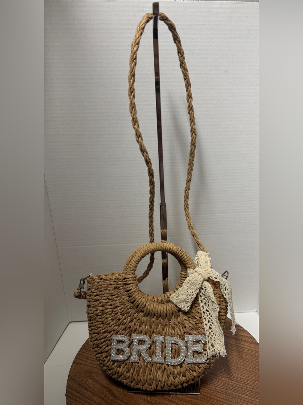 Pinkunn Straw Pearl Rhinestone BRIDE Bag Half Moon Crossbody/Handbag Purse
